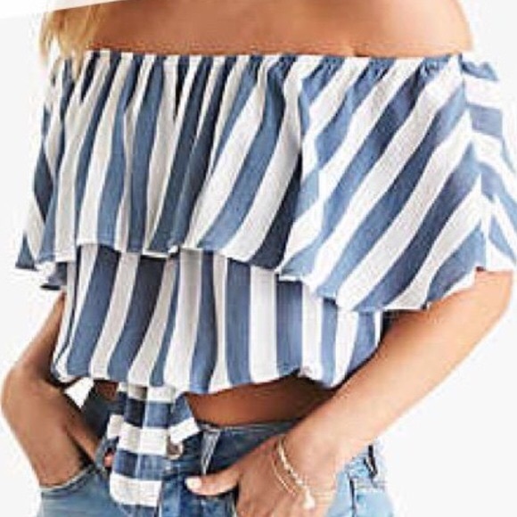 AE White & Blue Striped Off-the-Shoulder Top - Picture 2 of 8
